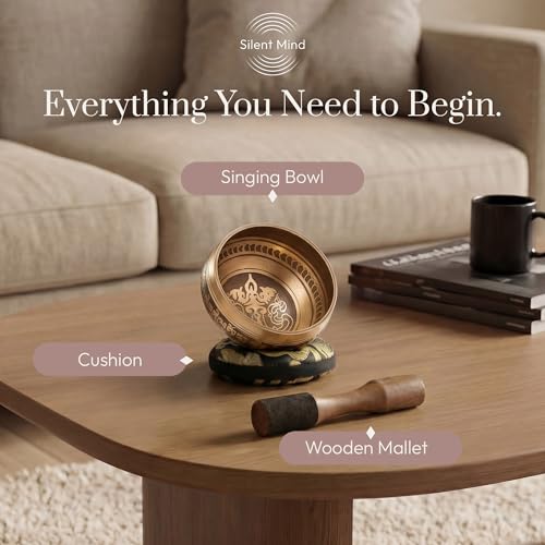Silent Mind Tibetan Singing Bowl Set – Easy to Play & Beginner Friendly Meditation Bowl with Cushion & Mallet | Stress Relief & Mindfulness | Gift-Ready - color: Gold, size: Without Case