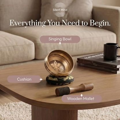Silent Mind Tibetan Singing Bowl Set – Easy to Play & Beginner Friendly Meditation Bowl with Cushion & Mallet | Stress Relief & Mindfulness | Gift-Ready - color: Gold, size: Without Case