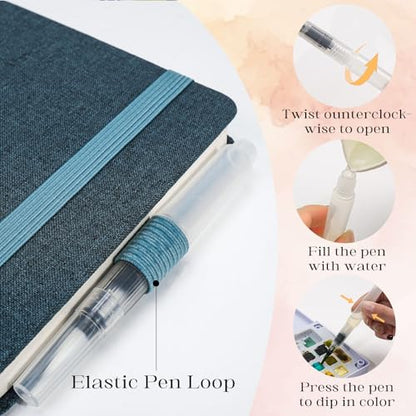 Watercolor Journal Sketchbook 5.5x5.5 24 Sheets Navy Blue | Cotton paper, 140 LB 300 GSM, Linen cover, Tap Water Pen, Travel sketching - color: Navy Blue, size: 5.5x 5.5 Inch