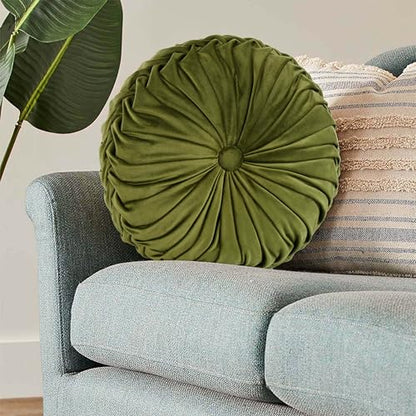 HIG Set of 2 Olive Velvet Decorative Round Pleated Throw Pillows - color: Olive