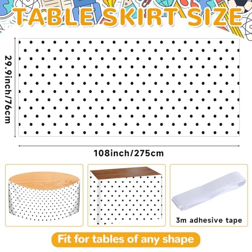 Wiooffen 9Ft Black and White Polka Dot Table Skirt Classroom Teacher Desk Curtain Skirts Tablecloth Rectangle Table Cover Skirt for Back to School Kindergarten Office Bookcase Supplies Painted Dot - style: Painted Dot
