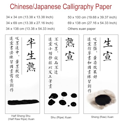 KYMY Chinese Japanese Calligraphy Xuan Paper 100PCS, Sumi/Rice Paper for Writing Painting Drawing Practice, Chinese Brush Ink Paper Half Sheng Shu (Half Raw Ripe) (34 x 138 cm (13.38 x 54.33 inch)) - size: Half Sheng Shu(Raw Ripe)-34 x138 cm(13.4 x 54.3in