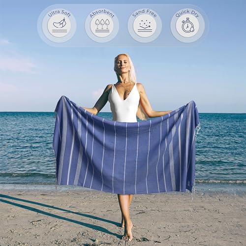 Ossano Turkish Beach Towel Compact & Luxury Extra Large (39" x 71") - Quick Dry, Versatile and Functional as Yoga Mat, Airplane and Travel Blanket, Bath and Body Towels - Sax Blue - color: Sax Blue