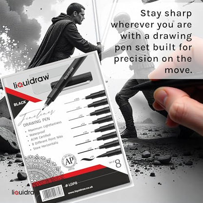 Liquidraw Drawing Pens - Set of 8 | Black Fineliner Pens with Brush Tip | Waterproof Ink for Artists, Architects & Students | For Technical Drawing, Sketching, Writing, Calligraphy & Illustration