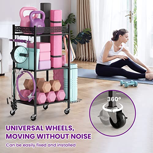 VOPEAK Home Gym Storage Rack, 3-Tier Yoga Mat Storage with Wheels & Hooks | 200 lbs steel rack with lockable casters & side hooks. 3-tier fits yoga mats & dumbbells — 10-min assembly - color: BLACK
