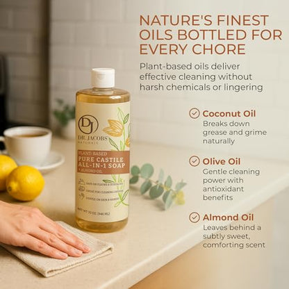 Dr. Jacobs Naturals Almond Castile All-in-One Cleaner and Soap - Plant-Based Formula for House Cleaning Floors and Appliances - Gentle on Skin and the Planet - 32 oz, 1 Pack - size: 32 Fl Oz (Pack of 1), style: Almond