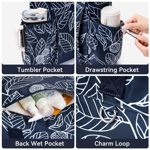 WLLWOO Thick Yoga Mat Bag Women Gym Tote Breathable Mesh Holder Wet Pocket - color: Navy Blue Leaf