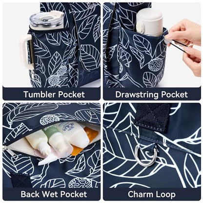 WLLWOO Thick Yoga Mat Bag Women Gym Tote Breathable Mesh Holder Wet Pocket - color: Navy Blue Leaf