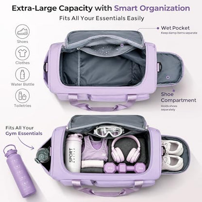 FIORETTO Women's Gym Duffle Bag with Shoes Compartment, 30L Capacity, Ideal for Travel, Gym, Sports, Duffel, Weekender - color: Lavender, style: Gym Bag