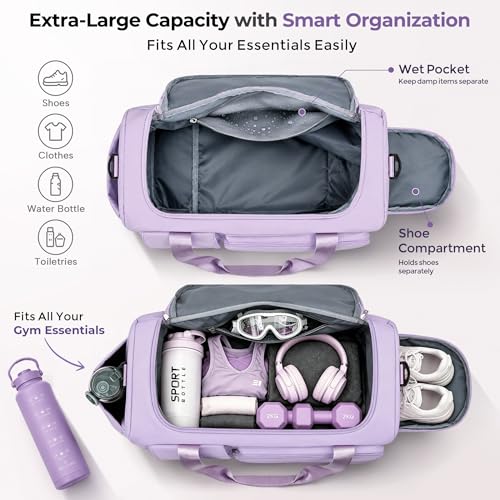 FIORETTO Women's Gym Duffle Bag with Shoes Compartment, 30L Capacity, Ideal for Travel, Gym, Sports, Duffel, Weekender - color: Lavender, style: Gym Bag