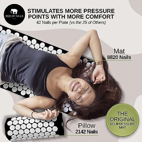 Bed of Nails Mat and Pillow Set – Original Bon Acupressure Design with 10962 Precision Nails, Mat: 28.5 x 16.5 x 1", Pillow: 14.5 x 6 x 4", Jet Black - color: Jet Black - Mat & Pillow Set