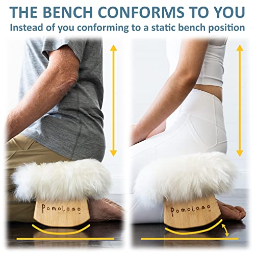 Meditation Bench Luxury Genuine Sheepskin Seat Cover meditate deeper & longer in pure comfort - mindful prayer kneeler - unique ergonomic design supports back and knees to bring health & wellbeing