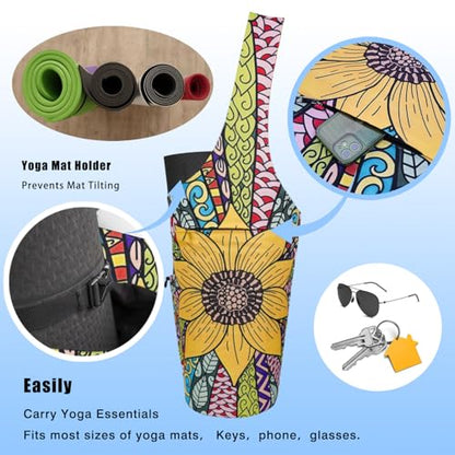 Yoga Mat Bag - Large Opening Long Tote Yoga Mat Carrier Holder Bag with Waterproof Wet Zipper Pocket and Drawstring Water Bottle Pocket - Yoga Bag Fit Most Size Mats - color: Sunflower