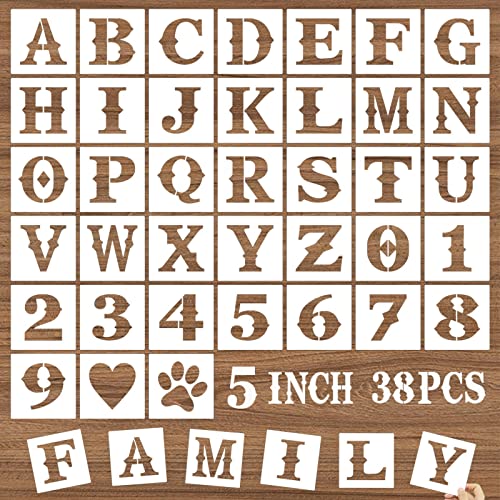 5 Inch Letter Stencils and Numbers, 38 Pcs Alphabet DIY Craft Stencils, Reusable Plastic Drawing Templates for Painting on Wood, Wall, Fabric, Rock, Floor, Signage, Door Porch - size: 5 Inch