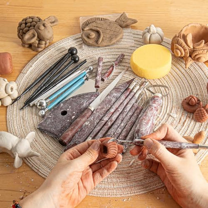 23PCS Clay Tools Sculpting, Ceramic & Pottery Modeling Tool, Ceramics Tools Set, Polymer Tools Kit, Air Dry Clay Tools for Carving, Molding, Pottery Wheel, Crafting Supplies, Pros, Beginners, Adults - color: Stained Wood-23PCS