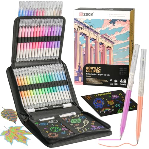 ZSCM 48 Colors 3D Acrylic Gel Pens & Black Paper Sketchbook for Drawing | 1mm Fine Point Acrylic Ink Pen, Opaque Archival Ink Pens for Black Paper Drawing, Sketching, Illustration, Card Making - color: 48 Colors