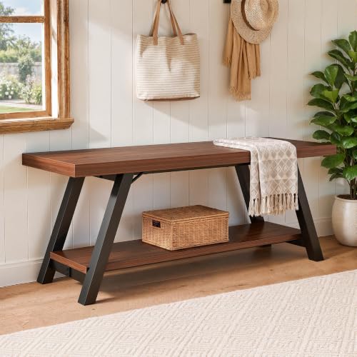 LVB Industrial Entryway Bench with Storage, Wood and Metal Bedroom Bench - color: Walnut