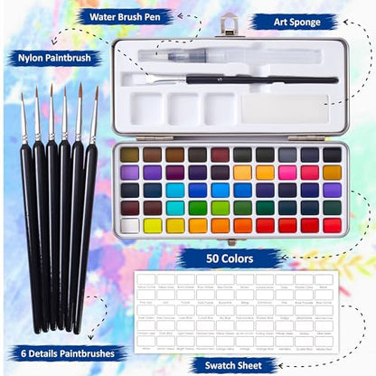 Professional Watercolor Paint Set - 50 Colors Metal Case Kit | Includes 6 detail brushes, water brush pen, nylon brush, sponge, swatch sheet, and supplies for adults, artists & students - style: Set of 50 colors