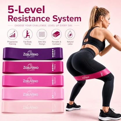 5-Pack Workout Resistance Bands, Elastic Home Gym Equipment | Ideal for strength, stretching, Pilates & yoga. Suits physical therapy, leg/glute/arm training. Practical & multi-use - color: pink