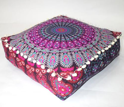 CK 40.6x40.6x12.7cm(16x16x5인치) 정사각형 바닥 쿠션 커버, 핑크 공작 만다라 푸프 커버, 면 오토만 베개 커버, 거실, 침실 및 요가용 보헤미안 장식 명상 바닥 베개 커버(커버만 해당) - color: 핑크, size: 16"D x 16"W x 5"H