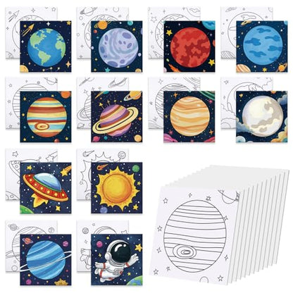 Anseal 12 Packs Pre Drawn Canvas to Paint, 4" X 4" Planet Pre-Printed Paint Party, Pre Stretched Canvas Outline Painting Boards for Paint Lovers, Party Favor - style: planet