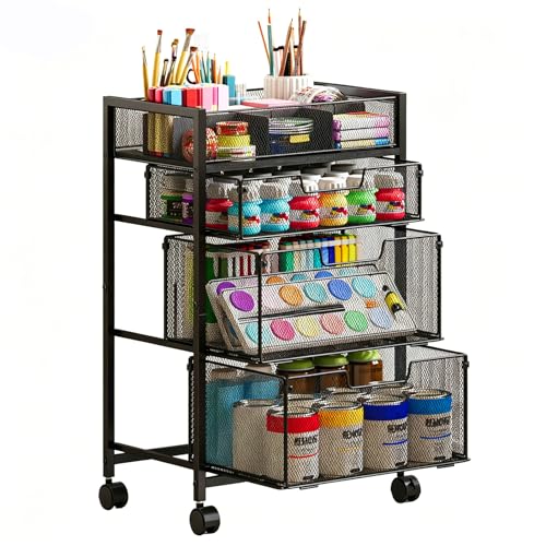 4-Tier Rolling Utility Cart with 3 Drawers, Craft Organizer and Storage with DIY Divider, Art-Craft Supplies with Caster Wheels, Multi-Functional Storage For Classroom, Office, Paints, Artifacts - color: Black, size: 3 Drawers（27.16H）