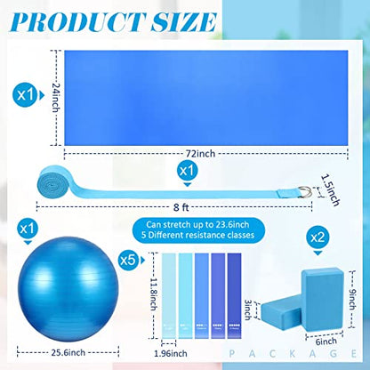 Liliful 10 Pcs Yoga Starter Kit Include 6mm Yoga Mat with Carry Strap, 2 Blocks, 65cm Pilates Ball, Stretch Strap, 5 Resistance Bands with Air Pump Home Workout Set for Beginners Women Men Gym - color: Blue