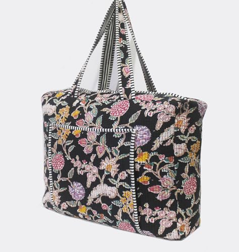 INDIAN CRAFT CASTLE Tote Bag with Yoga Mat Carrier Pocket Carryall Shoulder Bag for Office, Workout, Pilates, Travel, Beach and Gym - color: Black & Pink