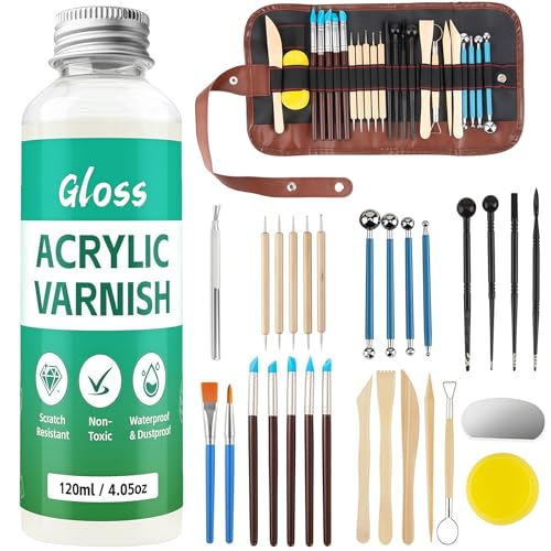 120ML Air Dry Clay Glaze with 29PCS Clay Tools Kit | Gloss Polymer Clay Kit and Clay Varnish, Pottery Tool Kit for Sculpting, Modeling, Shaping Crafts, Scratch Resistant