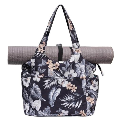 ESVAN Yoga Tote Bag Mat bag Women Shoulder Bags Carryall Tote for Travel Office Workout Gym Nurse Beach - color: Canvas Black Leaf