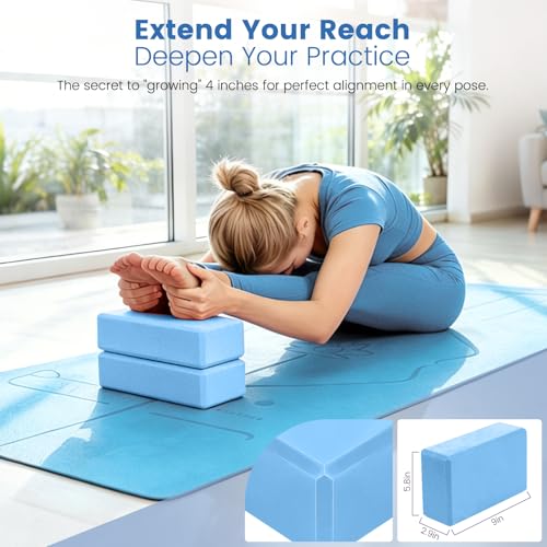 Foldable Non-Slip Yoga Mat and Blocks Set for Women, 9-Pcs Yoga Starter Kit - color: Blue