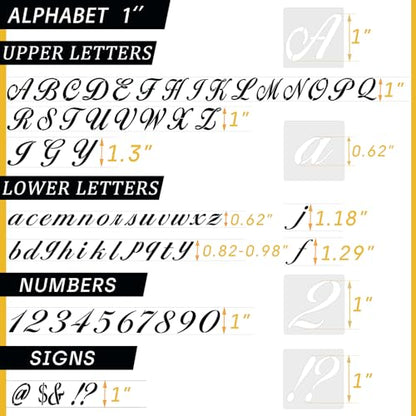1 Inch Letter Symbol Stencils for Painting on Wood, 65 Pcs Alphabet Drawing Templates with Calligraphy Large Font and Cursive Letters Numbers Signs, Reusable Plastic Art Craft Stencils - size: 1 Inch