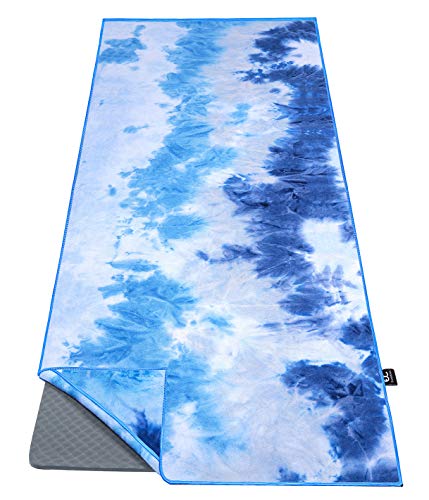 Ewedoos Yoga Towel Mat Towel with Anchor Fit Corners Non Slip Towel for Hot Yoga, Pilates, Workout, Camping - color: Blue & White Tie Dye