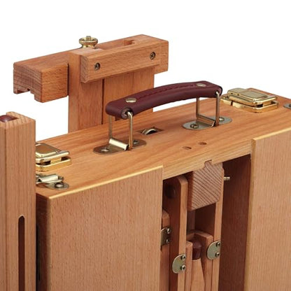 Grand Luxe Full Box French Easel- Oiled Beechwood Artist Easel with Brass Fittings, Adjustable Dividers, and Wood Palette- Plein Air Easel w/Leather Handle and Linen Strap for Canvases up to 34" High - size: Full Box