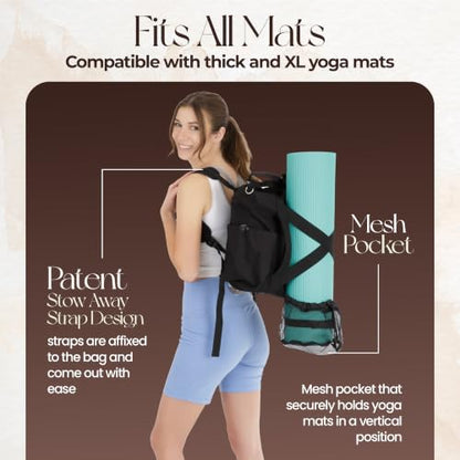 Yoga Mat Bag - Convertible Crossbody Yoga Bag, Travel Tote Back Pack | 4-in-1 Design, Fits XL Mats, 6 Smart Pockets, Heavy-Duty Strength, Water-Resistant - color: Black