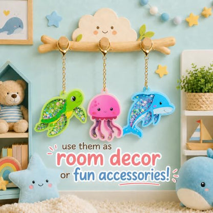 DIY Glitter Craft Kit with Keychains - Mess-Free Arts and Crafts for Kids Ages 4-8, Fun Shake-It Activity, Creative Travel Toys, Party Favors & Birthday Gifts for Girls 4-9 - color: Blue
