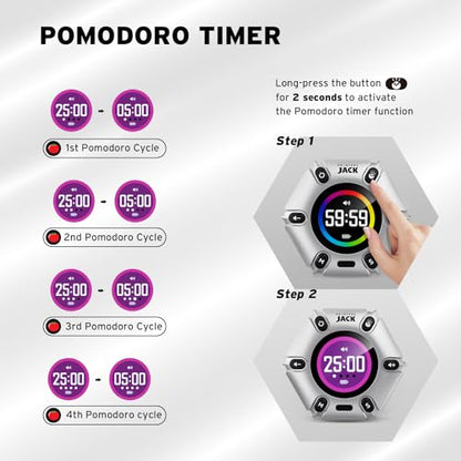 Printers Jack Pomodoro Timer - Productivity Cube, Visual Focus Timer, Mute & Vibration & Adjustable Sound Alert, for Office, ADHD, Study, Work, 3/5/10/25/30/60min & Custom Countdown - Silver - color: Silver