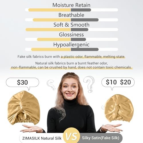 ZIMASILK 22 Momme 100% Mulberry Silk Bonnet for Sleeping Women, Gold - color: Gold
