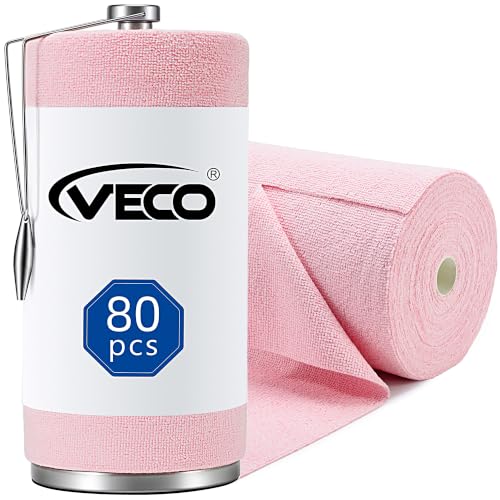 Veco Microfiber Cleaning Cloth Roll with Holder 80 PCS, 12" x 12" Pink | Tear Away Reusable Towels, Lint-Free & Streak-Free Cleaning Cloths, Paper Towel Alternative for Kitchen, Home & Car - color: Pink-st