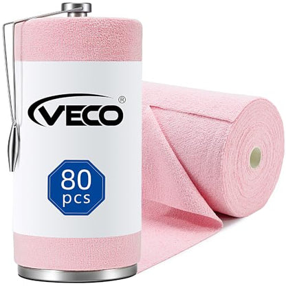 Veco Microfiber Cleaning Cloth Roll with Holder 80 PCS, 12" x 12" Pink - color: Pink-st