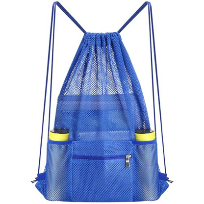 NATURAL STYLE Mesh Drawstring Backpack Bag, Gym Sports Bag with Zipper Pocket Bottle Holder, String Beach Bag for Swiming Travel (Blue) - color: Blue