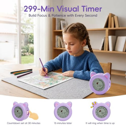 299 Minute Visual Timer for Kids, Cat Countdown Timer with Pause ﻿ | Digital Classroom Timer with Clock and Alarm, ADHD Autism Toddler Support, Time Management Tool, Girl Pomodoro Timer, Purple