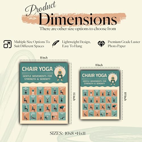 Chair Yoga Exercise Poster - Illustrated Stretching Poses Chart, Workouts, Instructions, Mobility Practice, Inspirational Routine, Wall Art for Seniors, Home Gym Picture, Meditation Decor, Flexibility - size: 11"L x 14"W