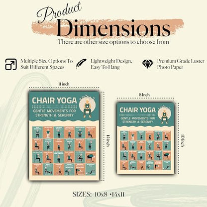 Chair Yoga Exercise Poster - Illustrated Stretching Poses Chart, Workouts, Instructions, Mobility Practice, Inspirational Routine, Wall Art for Seniors, Home Gym Picture, Meditation Decor, Flexibility - size: 11"L x 14"W