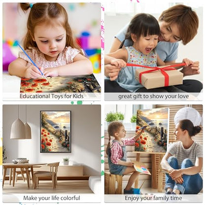 EOBROMD Framed Paint by Numbers Kits for Adults Landscape, Flower DIY Acrylic Paint by Number on Stretched Canvas, Painting Kits Adults Oil Paint by Numbers for Home Decor 12x16inch