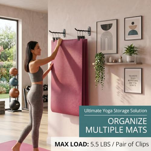 Yoga Mat Wall Mount Holder & Clips for Eyelet Workout Mat Hanging Storage