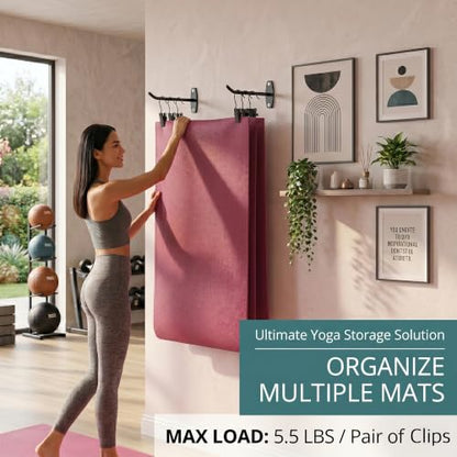 Yoga Mat Wall Mount Holder & Clips for Eyelet Workout Mat Hanging Storage