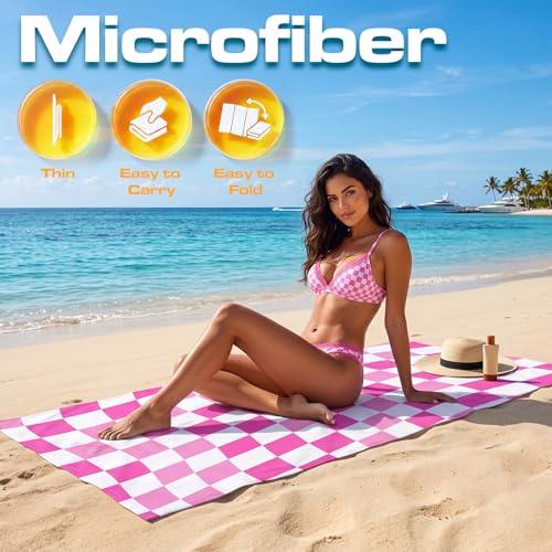 4 Pack Summer Checkered Beach Towel for Women, Oversized 32 x 71 Inches, Lightweight Quick Dry Microfiber Towel for Pool Camping Travel Swimming Picnic and Sports