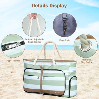 Beach Bag for Women - 35L Large Tote Bag, Waterproof & Sandproof, Zippered Carry On Bag for Pool, Beach & Travel - color: Green Striped