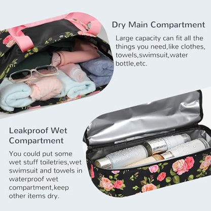 Mesh Tote Beach Bag with Leakproof Wet Compartment - color: Rose